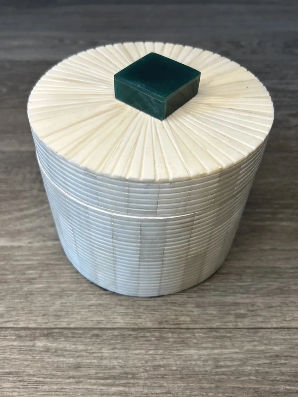 Vintage Indian Bone Tile Trinket Box White Sunburst Green Finial 5”